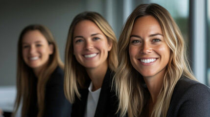 Several businesswomen of different ages, smiling and enthusiastically collaborating in a team, with close-up shots capturing their vibrant spirit and teamwork for the camera. photo