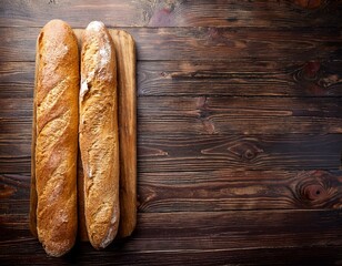 two baguettes lie side by side parallel on a cutting board on a textured plank wooden background top view with copy space