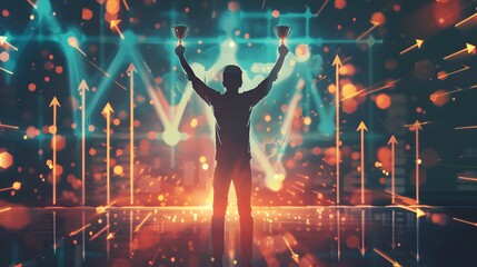 Poster - An inspiring depiction of an individual achieving a challenging goal, with glowing visual indicators of success and self-belief, such as trophies or upward arrows