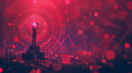 Poster - An inspiring depiction of an individual achieving a challenging goal, with glowing visual indicators of success and self-belief, such as trophies or upward arrows