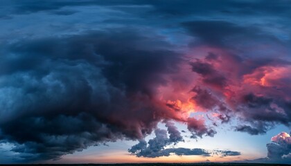 Wall Mural - wide panoramic view of the dark dramatic stormy sky with cumulus clouds and crimson glow sad cloudscape overcast