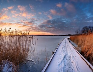 Wall Mural - winter frozen lake with coastal reed and footpath under cloudy sky at evening twilight widescreen panoramic view