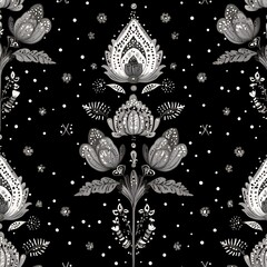 Poster - Black and white floral pattern with intricate details.