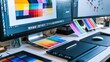 © weerasak - Creative workspace with dual monitors displaying colorful design palettes for graphic design projects.