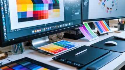 creative workspace with dual monitors displaying colorful design palettes for graphic design project