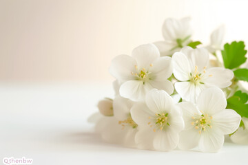 Poster - Soft white blossoms rest gently on a light surface, exuding tranquility and elegance, perfect for a calming commercial display aiming for a fresh aesthetic