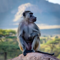 A medium shot of a baboon sitting on a rock in the middle of a body of water. 