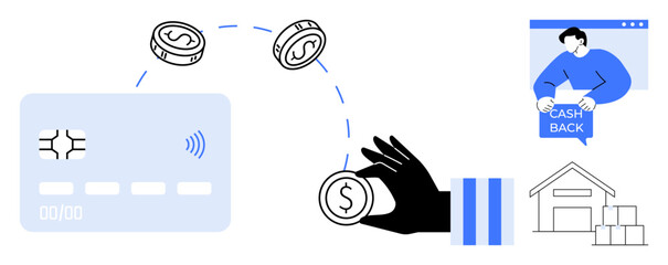 Hand holding coin near credit card with chips, coins, person with cashback speech bubble, and store with boxes. Ideal for online payments, e-commerce, cashback offers, digital wallets, financial