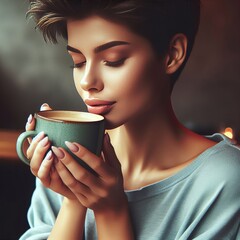 Woman sipping coffee A young woman with short hair holding a cer