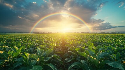 Poster - A field of green plants with a rainbow in the sky