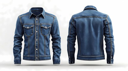 Wall Mural - modern dynamic blue denim shirt, long sleeve mockup with front and back views isolated clean white background