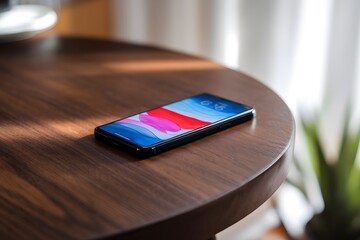 photo of a sleek black phone resting on a rich brown wooden table.