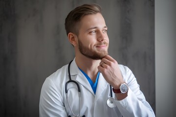 smiling dreamy pensive young male caucasian doctor in white medical uniform look in distance.