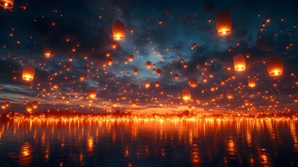 A mesmerizing scene of hundreds of glowing lanterns forming a circular pattern as they ascend into the starry night sky, soft warm light illuminating the dark