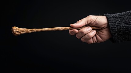 Canvas Print - Close-up of a hand holding a long, textured wooden stick against a dark background, emphasizing the natural wood grain and hand position.