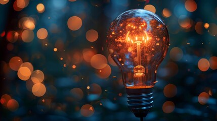 Close-up of a glowing light bulb with warm bokeh effect on a dark background