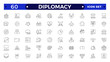 © artshuvo - Diplomacy outline icon set with comprises spoken, written communication, leader, diplomats, international system and foreign policy.