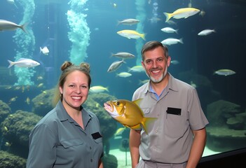 Aquarium Curators Curators in front of a large tank one feeding