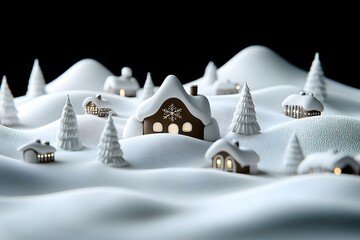 Snow-covered miniature village with houses and trees in a winter landscape