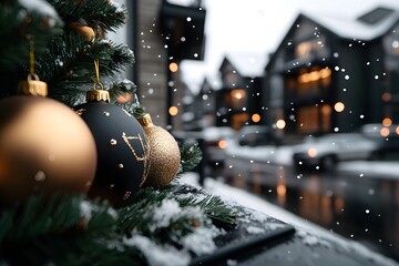 Christmas tree ornaments with snow in a winter city street setting