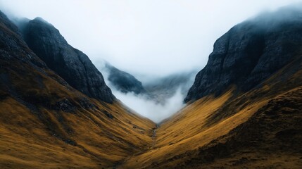 Poster - Misty mountain valley with fog and grassy slopes between steep dark cliffs under a cloudy sky.