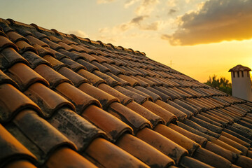 A close-up view of terracotta roof tiles glistening in the warm light of sunset with soft clouds in the background