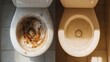 © SERHII - Dirty toilet before and after cleaning; hygiene, cleanliness, and household maintenance.