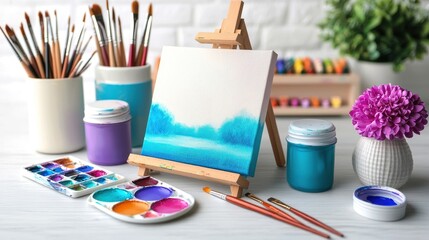 Colorful art supplies including brushes, paints, and an easel set up for a creative painting session.