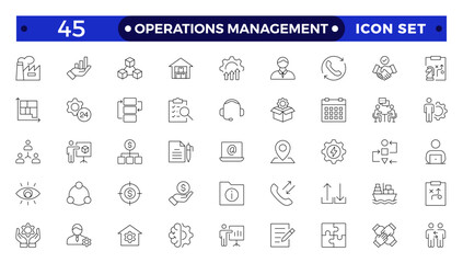 Operations management web icons in line style. Logistics, business process, maintenance, supply chain, improvement, planning,Audit, processing, operation  collection.