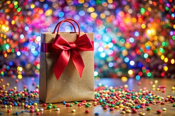 Canvas Print - brown gift bag with red bow holiday border of colorful lights in background