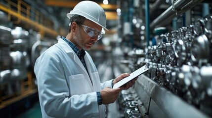 Poster - A man in a lab coat is looking at a clipboard with a list of items