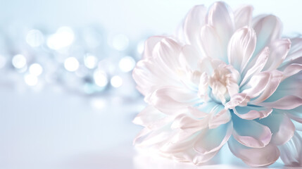 Poster - A beautifully crafted artificial flower with soft blue and white petals gently rests on a pristine white surface, radiating elegance and charm amid a dreamy atmosphere