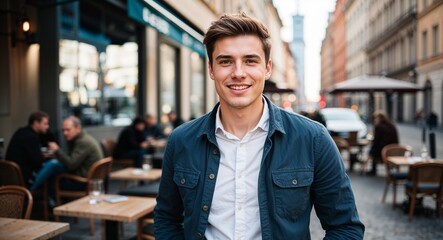 Young German guy in casual attire neutral pose portrait photo city cafe background