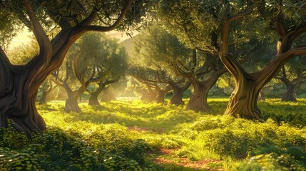 Wall Mural - A forest with many trees and a path through it