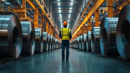 Poster - A man in a yellow vest stands in front of a row of steel pipes