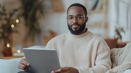 Poster - A man wearing glasses is sitting on a couch holding a tablet