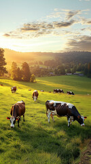 Cows grazing peacefully in a sunlit meadow, surrounded by rolling hills and distant farmhouses. The warm golden glow of the sunset creates a serene, rural atmosphere in the countryside.