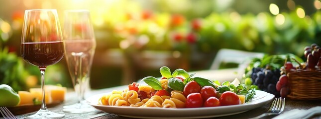 Pasta dish with tomatoes and basil, served on a white plate, with two glasses of wine and grapes in the background 