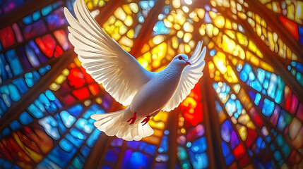 Wall Mural - White dove flying. Holy spirit pigeon, church's colored stained glass window background, fantasy symbol of peace love, 3d modern digital artwork illustration. Christian religion spiritual soul concept