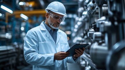 Poster - A man in a white lab coat is looking at a tablet while wearing a hard hat