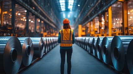 Poster - A woman in a yellow vest stands in front of a row of metal pipes