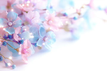 Poster - A stunning array of pastel flowers is artfully arranged, blending shades of pink and blue against a pristine white backdrop, creating a serene and elegant atmosphere