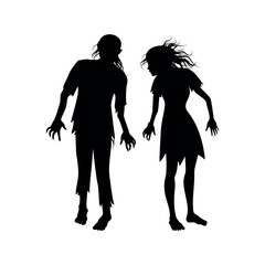 Creepy zombie man and woman black silhouette isolated on a white background. Scary zombie couple vector illustration. Spooky zombie male and female icon set. Symbol of Halloween