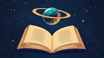 Wall Mural - a logo with an open blank textbook with blank yellowish ancient parchment pages with a holographic futuristic planet between the pages, navy blue space with futuristic stars, scifi, anime style