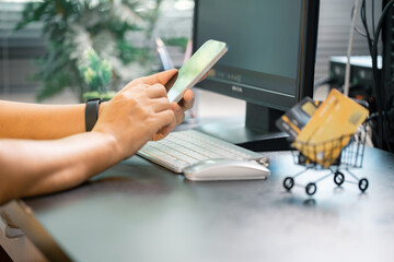 Woman used technology to buy groceries online, making a purchase from an e-business in cyberspace from comfort of her home, using her credit card. online, e-business, shopping, home, technology, buy.