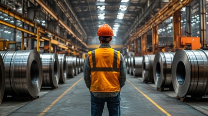 Poster - A man in a yellow vest stands in a factory with a large number of steel pipes