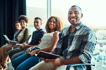 Poster - Onboarding, portrait and row of people with vacancy, recruiting and notes in book or tablet. Hiring, diversity and candidate group ready with planning, work opportunity and queue for interview