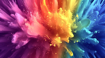 Poster - Abstract rainbow color ink splatter swirl background, fantasy flower texture watercolor illustration of paint brush stroke explosion, modern vibrant powder motion 3d digital artwork holiday wallpaper.