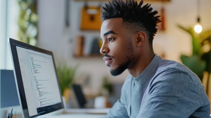 Graphic designer creating digital art, young African American man with short black hair, modern workspace, clean background, copy space