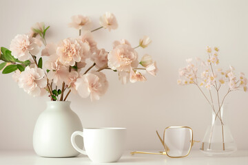 Sticker - A serene display features a delicate arrangement of soft pink flowers in a light vase alongside a white cup and elegant glasses. The simplicity enhances tranquility and beauty